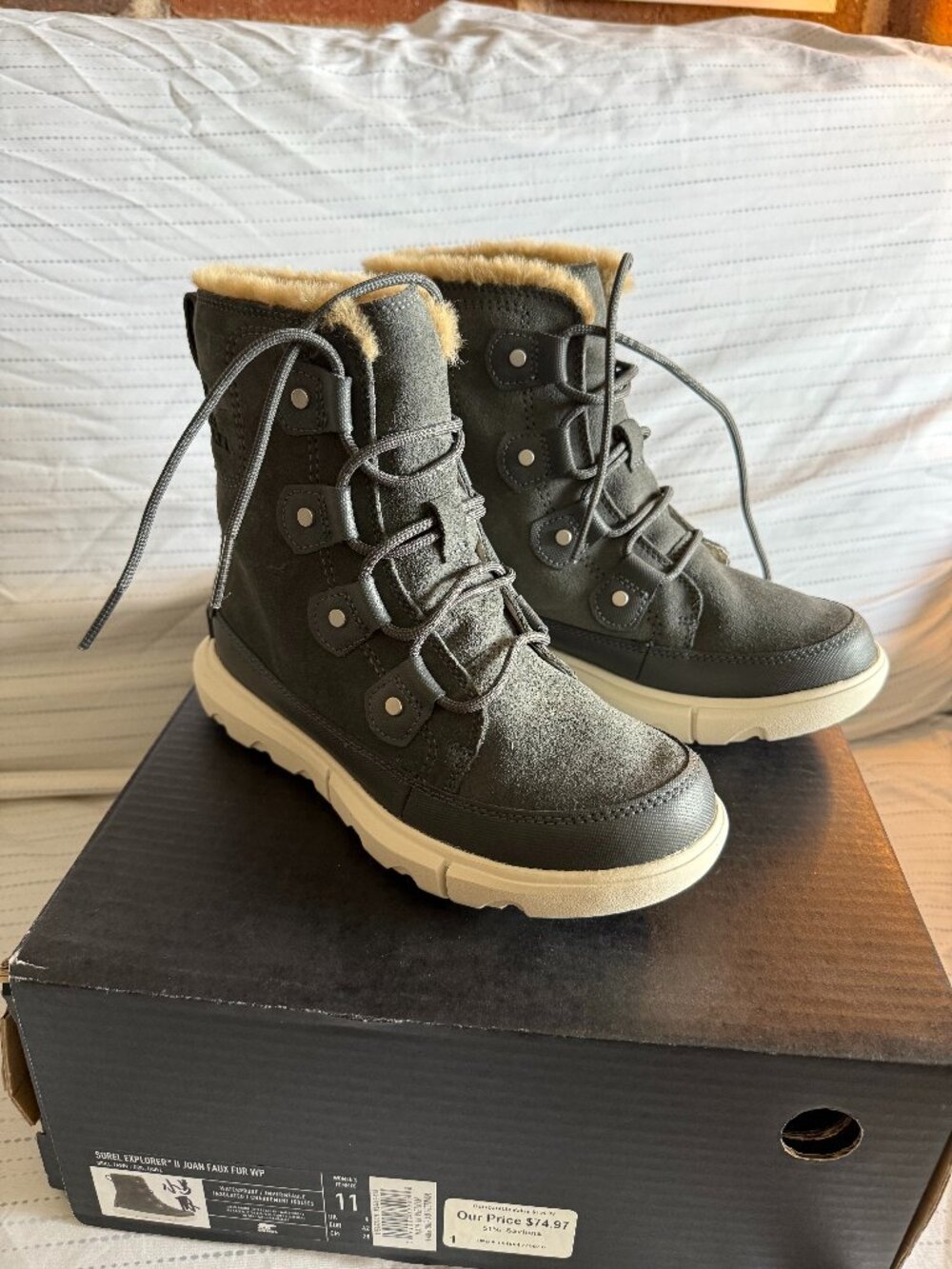 SOREL Explorer II Joan Faux Fur WP Women's 6 "Stone Green" Waterproof Boot NWT
